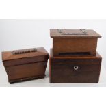 Three wooden boxes, a small mahogany sarcophagus shaped twin compartment tea caddy,