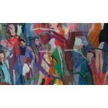 Large contemporary wool work picture, brightly coloured figures, overall 79cm x 178cm,