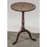 Carved oak pedestal table, octagonal tilt top ringed column, carved tripod legs,