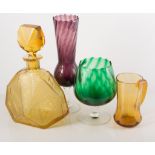 A collection of vintage decorative glassware, amber decanter with etched and engraved decoration,