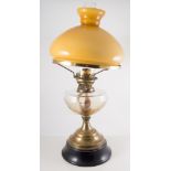 Pedestal oil lamp, opaque glass domed shade, clear glass reservoir, circular base, with chimney,