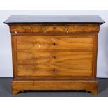 Continental walnut chest of drawers, black marble top above four long drawers, bracket feet, W126cm,