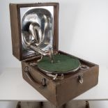 A Decca "Junior" table top gramophone player, brown case, green baize turntable,