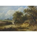 J Thors, A country scene with two figures on a lane with cottage and hens, 24cm x 34cm,