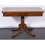 A George IV mahogany pedestal teatable, rectangular foldover top with rounded corners,