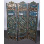 Three fold Moroccan screen, painted with Arabic inspired motifs.