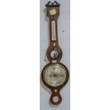 Victorian banjo barometer, mounted with thermometer, 8 inch silvered dial. 97cm high.