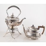 Silver-plated kettle and stand with burner, a silver-plated half fluted teapot,