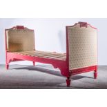 French Day Bed, single bed size, believed early 20th Century, red painted, consists of two sides,