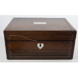A rosewood sewing box with lift out tray, 30cm x 22cm x 13cm, containing scissors,