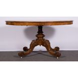 Victorian walnut and mahogany loo table, oval top with a moulded edge,