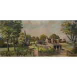 P F Tunstill, "Offham Church" oil on canvas, 49cm x 100cm, signed.