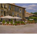 Mary Rodgers, a continental town scene with a restaurant, oil on canvas, signed, 49cm x 59cm.