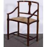Edwardian dressing table chair, low bar back with a pierced vase slat, in curved upholstered seat,