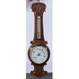 Victorian oak barometer, carved frame with attached thermometer, 8" dial, length 56cm.