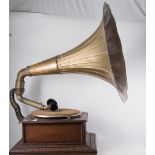 A Francis Salabert gramophone with large flared horn, in an oak case.