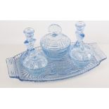 Burleigh Ware pottery dressing table set, pressed glass blue dressing table set, and other glass,