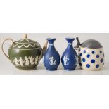 Pair of Wedgwood blue jasperware pear shaped vases, a Copeland Spode stoneware teapot, (damaged),