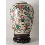 Satsuma ovoid vase, adapted as a table lamp, decorated with battle scenes, on carved wood plinth,