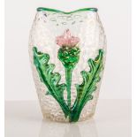 Iridescent glass vase of dimpled form, pinched rim and applied Thistle design, 15cm.