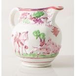 Staffordshire pink lustre jug, moulded decoration of sporting landscape,