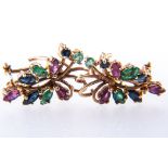 A pair of yellow metal gemset earrings, set with sapphires, rubies and emeralds,