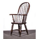 Victorian elm and ash high back child's Windsor chair, narrow arms, solid seat, turned legs,