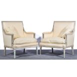 Pair of Louis XI style cream painted fauteuil, upholstered in patterned cream brocade,