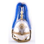 A troopers 1871 pattern white metal Dragoons Helmet, white and blue plume, brass wreath to the peak,