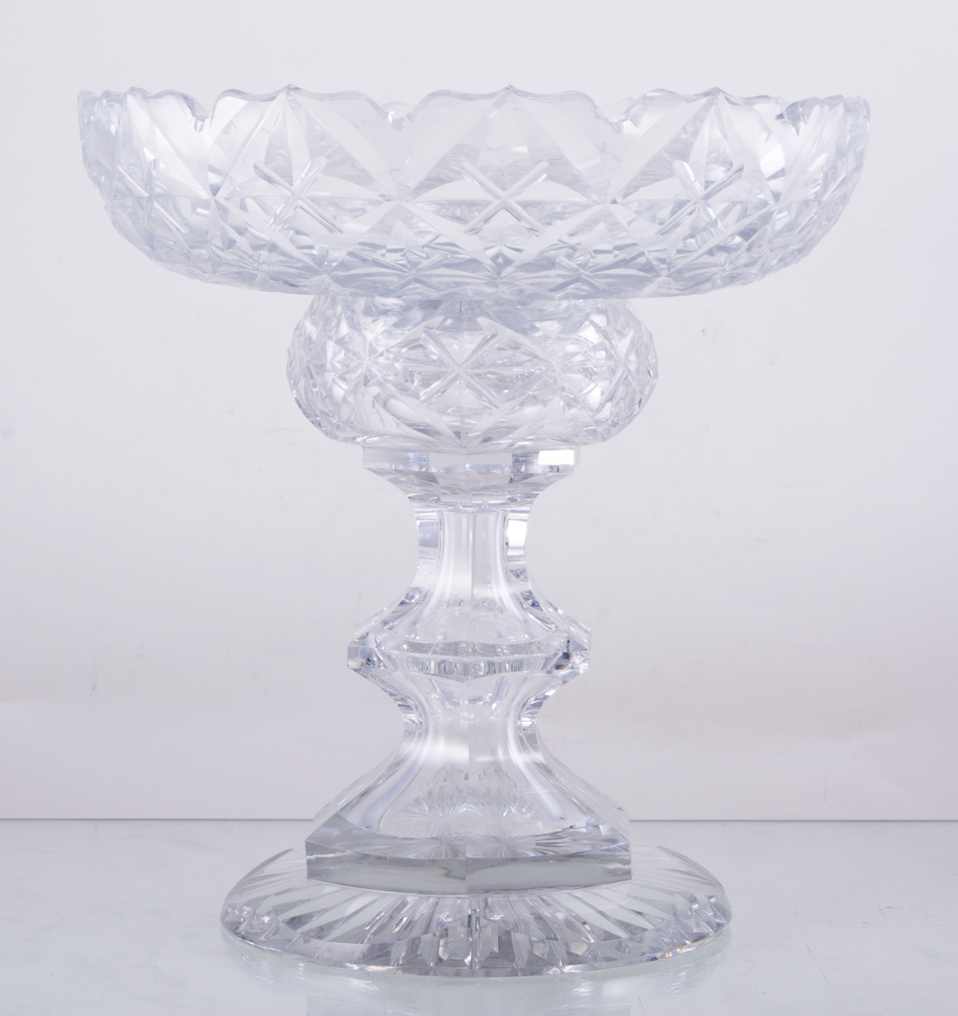 Early Victorian cut-glass two-piece comport, possibly by Richardson, shallow circular bowl,