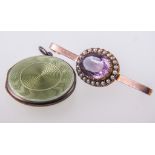 A pearl and amethyst bar brooch and a guilloche enamel locket,