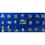 Collection of regimental cap badges, other badges and medals, and two glazed display cases.