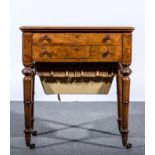 Victorian burr walnut work table, rectangular top, with rounded corners and a moulded edge,