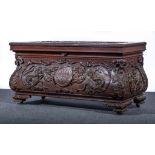 Anglo Chinese carved and stained wood chest, rectangular top with a panel with a three toed dragon,