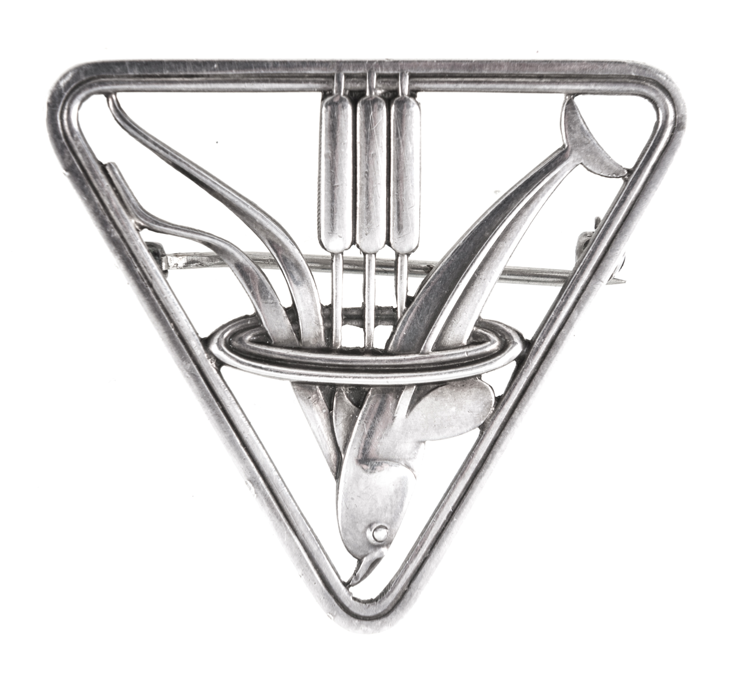 Georg Jensen - A Danish silver dolphin brooch in a triangular frame designed by Arno Malinowski