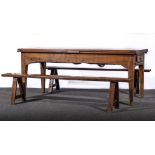 French fruitwood draw-leaf kitchen table, three flank top, each end fitted with a single drawer,