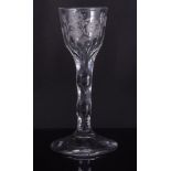 Facet cut wine glass, late 18th century, rounded funnel bowl, engraved with Jacobite rose,