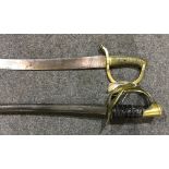 19th century Cavalry sword, 92cm blade, pitted, three bar brass hilt,