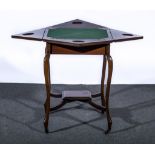 Edwardian inlaid mahogany envelope top card table, each flap with scrolled foliate device,