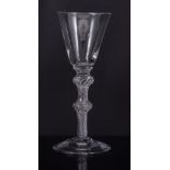 Double knopped wine glass, mid 18th century rounded funnel bowl, with double collar,