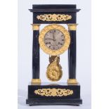 French Empire style ebonised and gilt metal portico clock, silver dial signed Hy Marc, Paris,