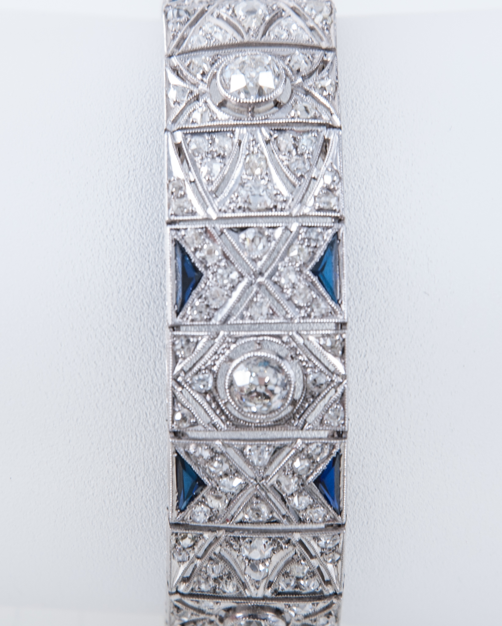 A fine sapphire and diamond bracelet, Art Deco asymmetrical design,