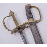 A naval cutlass, 60cm curved blade, brass hilt, fish skin grip, no scabbard, and a court sword,