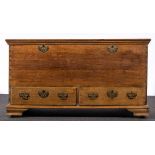 A joined oak mule chest, 19th century, two drawers under, on ogee bracket feet, width 134cm,