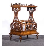 Victorian figured walnut whatnot Canterbury, fretted three division gallery, fretted end pieces,