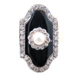 A black onyx, pearl and diamond dress ring,