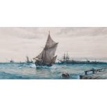 Albert, Shipping off the Quay, indistinctly signed, watercolour with body colour, 34cm x 70cm.