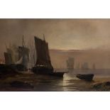 C Perrin, fishing boats, beached and offshore, signed and dated 1884, oil on canvas,