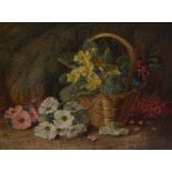 Vincent Clare, basket of primulas and other spring flowers against a mossy bank, signed,