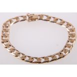 A hallmarked 18 carat yellow gold bracelet, 7.4mm wide flat square curb link chain, 19.